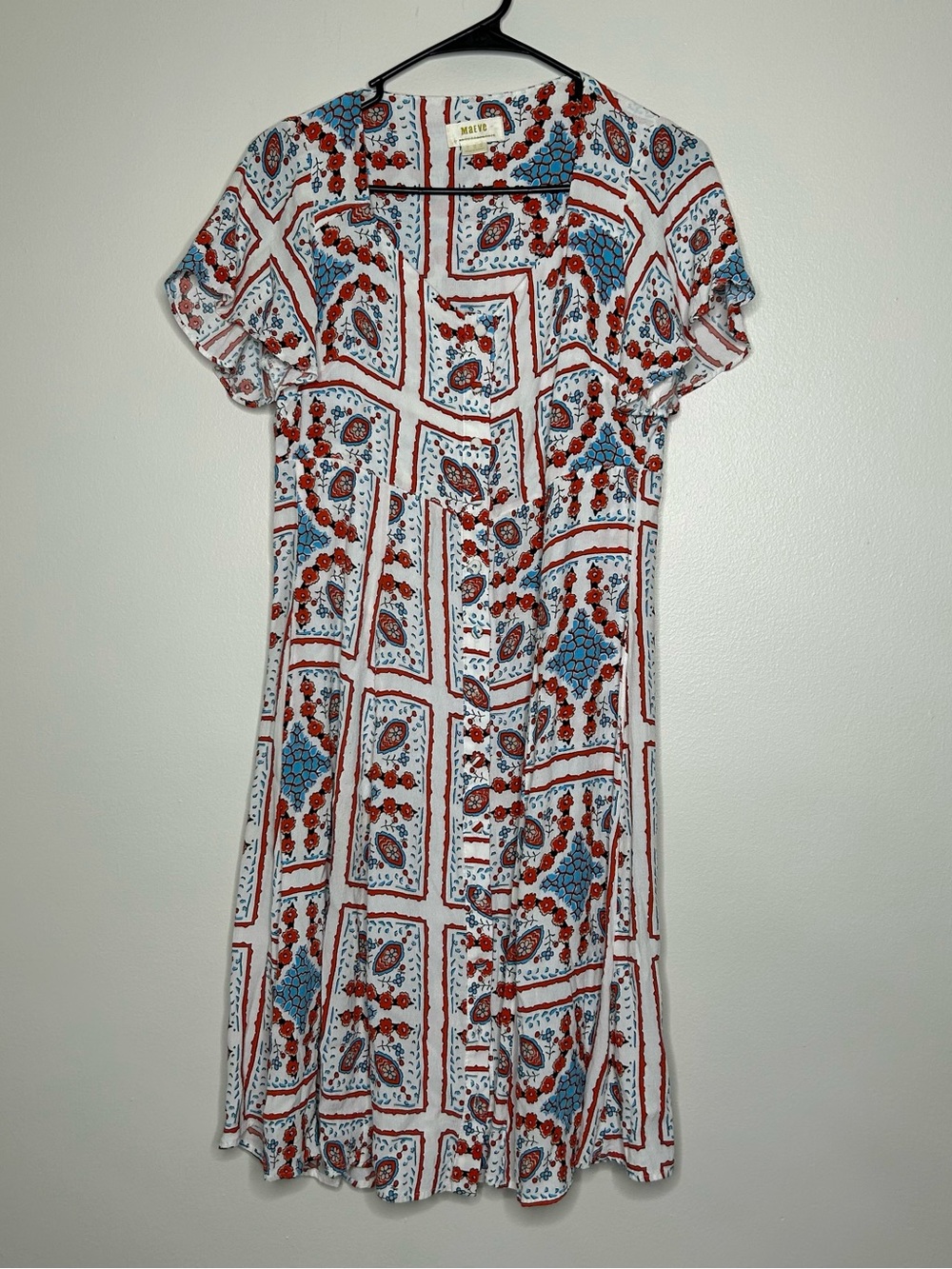 Anthropologie White Midi Dress with Rust and Light Blue Pattern - Picture 2 of 7